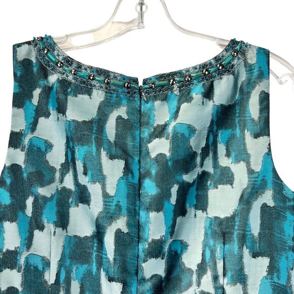 Tahari Women’s Sleeveless Pencil Dress Teal Jacquard Jeweled Neck Size 4 Zip - Picture 6 of 9